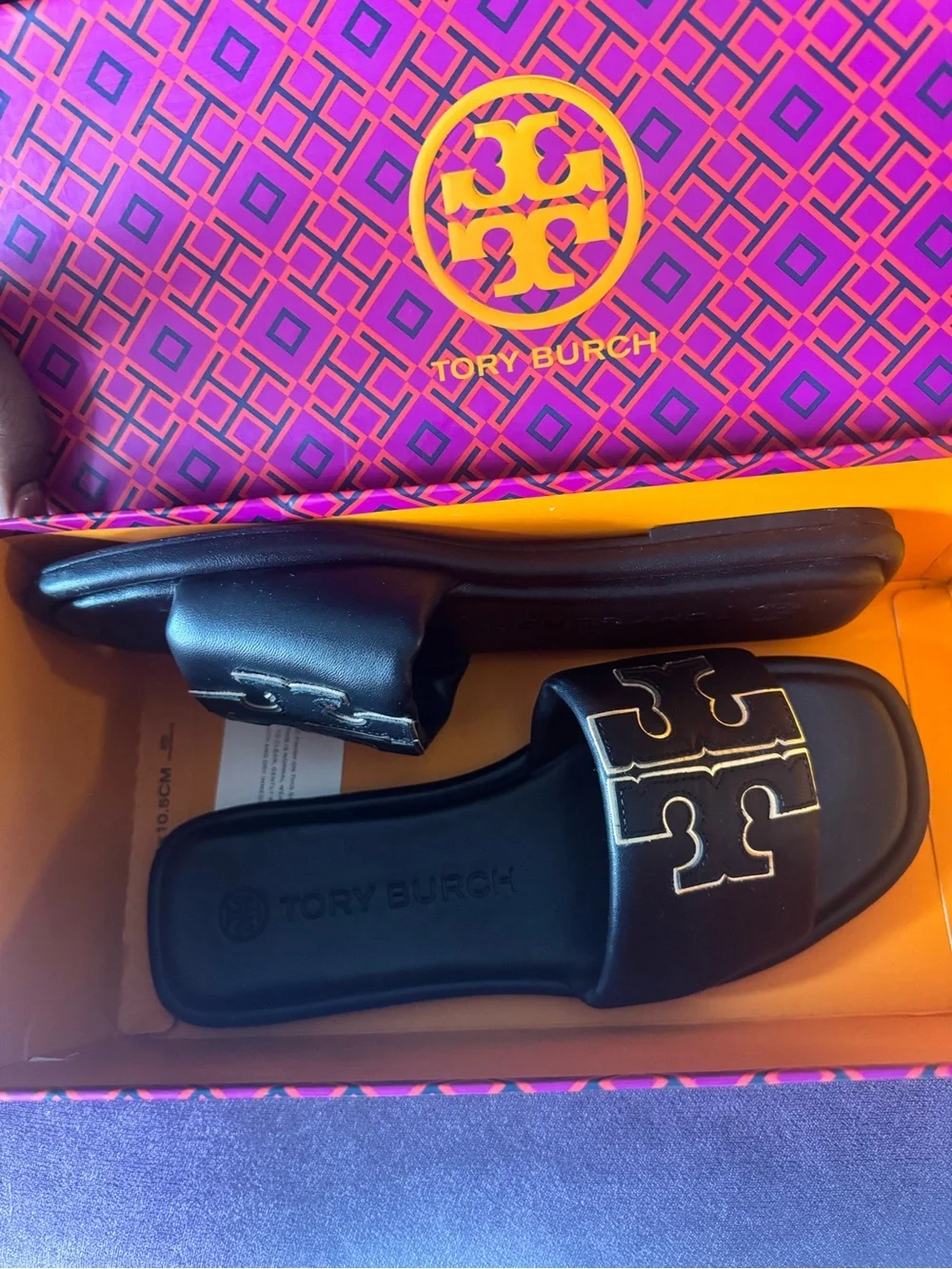 Tory Burch Black Slide Sandals with Gold Logo Trim